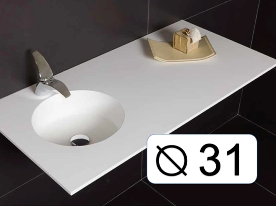 Plan vasque, bassin circulaire ⦰ 31 cm, sur mesure, Largeur 50 à 200 cm x Profondeur 40 à 60 cm, résine minérale de couleurs, Finition lisse mate, Livraison Offerte et Rapide.